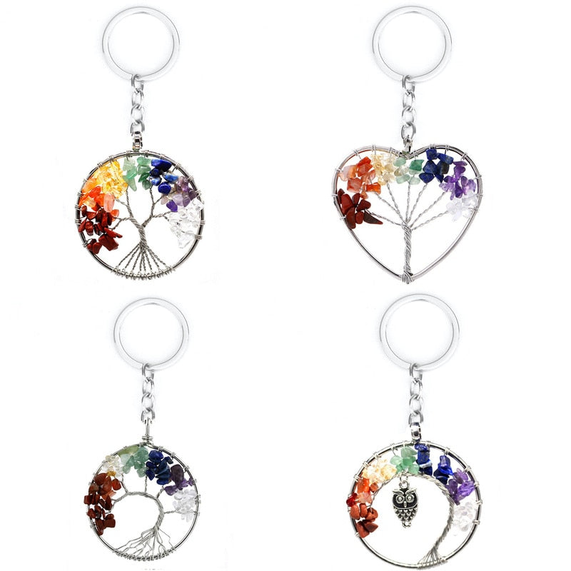 Natural Crystal Stone 7 Chakra Tree of Life Handmade Keychains