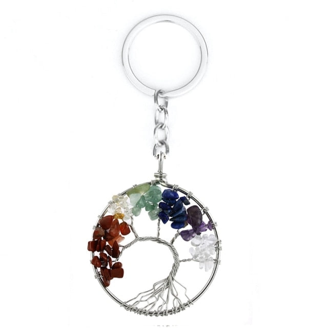 Natural Crystal Stone 7 Chakra Tree of Life Handmade Keychains