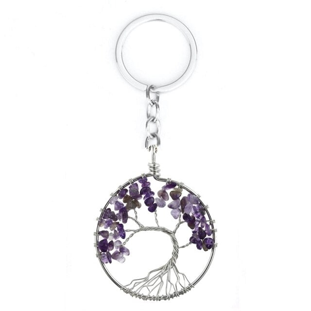 Natural Crystal Stone 7 Chakra Tree of Life Handmade Keychains